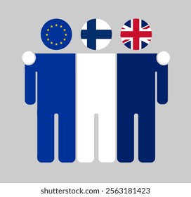 Flat illustration three human figures with EU, Finland, and UK flags as heads. Minimalistic design, isolated background.