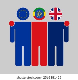 Flat illustration three human figures with EU, Ethiopia, and UK flags as heads. Minimalistic design, isolated background.