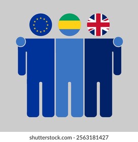 Flat illustration three human figures with EU, Gabon, and UK flags as heads. Minimalistic design, isolated background.