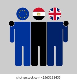 Flat illustration of three human figures with EU, Egypt, and UK flags as heads. Minimalistic design, isolated background.