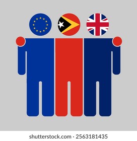 Flat illustration of three human figures with EU, East Timor, and UK flags as heads. Minimalistic design, isolated background.