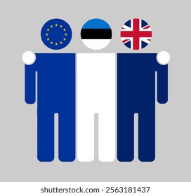 Flat illustration three human figures with EU, Estonia, and UK flags as heads. Minimalistic design, isolated background.