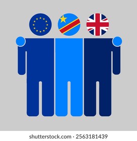 Flat illustration of three human figures with EU, Democratic Republic of the Congo, and UK flags as heads. Minimalistic design, isolated background.