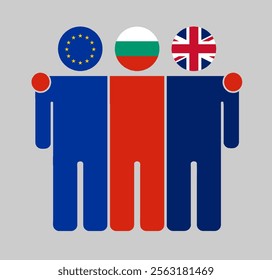 Flat illustration of three human figures with EU, Bulgaria, and UK flags as heads. Minimalistic design, isolated background.