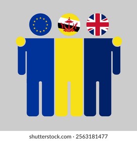 Flat illustration of three human figures with EU, Brunei Darussalam, and UK flags as heads. Minimalistic design, isolated background.