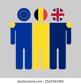 Flat illustration of three human figures with EU, Belgium, and UK flags as heads. Minimalistic design, isolated background.