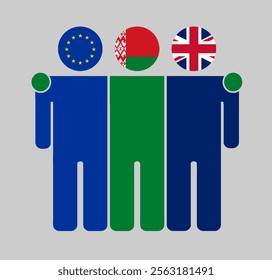 Flat illustration of three human figures with EU, Belarus, and UK flags as heads. Minimalistic design, isolated background.