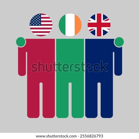 Flat illustration of three human figures with USA, Ireland, and UK flags as heads. Minimalistic design, isolated background.