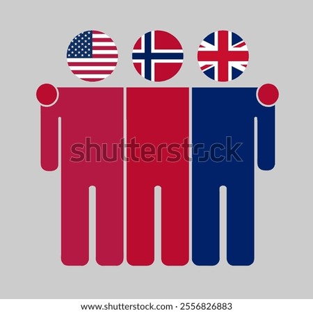 Flat illustration of three human figures with USA, Norway, and UK flags as heads. Minimalistic design, isolated background.