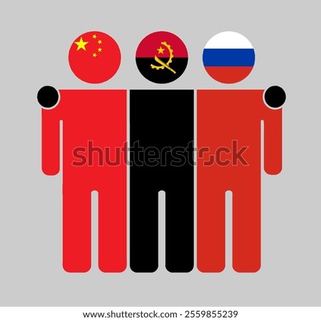 Flat illustration of three human figures with China, Angola, and Russia flags as heads. Minimalistic design, isolated background.