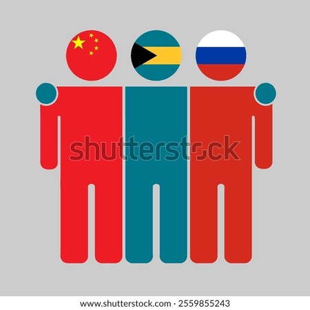 Flat illustration of three human figures with China, Bahamas, and Russia flags as heads. Minimalistic design, isolated background.