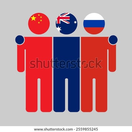 Flat illustration of three human figures with China, Australia, and Russia flags as heads. Minimalistic design, isolated background.