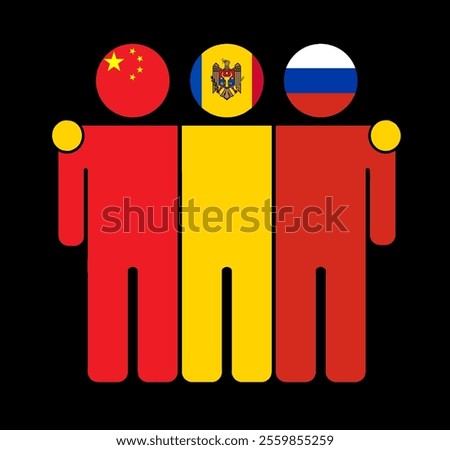Flat illustration of three human figures with China, Moldova, and Russia flags as heads. Minimalistic design, isolated background.