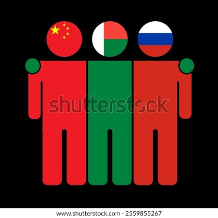 Flat illustration of three human figures with China, Madagascar, and Russia flags as heads. Minimalistic design, isolated background.
