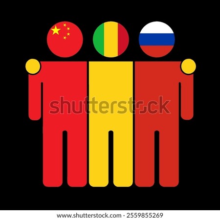 Flat illustration of three human figures with China, Mali, and Russia flags as heads. Minimalistic design, isolated background.