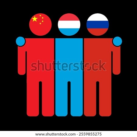 Flat illustration of three human figures with China, Luxembourg, and Russia flags as heads. Minimalistic design, isolated background.
