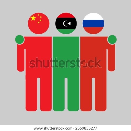 Flat illustration of three human figures with China, Liberia, and Russia flags as heads. Minimalistic design, isolated background.
