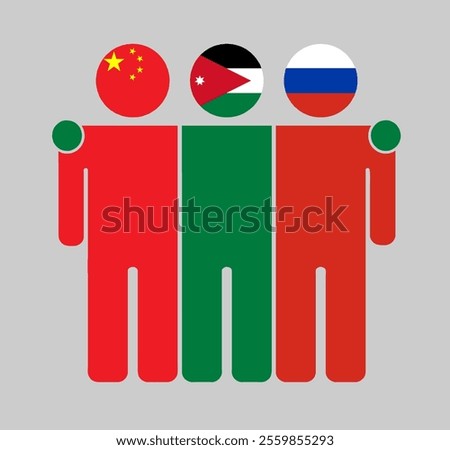 Flat illustration of three human figures with China, Jordan, and Russia flags as heads. Minimalistic design, isolated background.