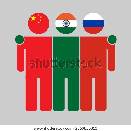 Flat illustration of three human figures with China, India, and Russia flags as heads. Minimalistic design, isolated background.