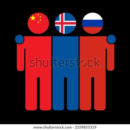Flat illustration of three human figures with China, Iceland, and Russia flags as heads. Minimalistic design, isolated background.