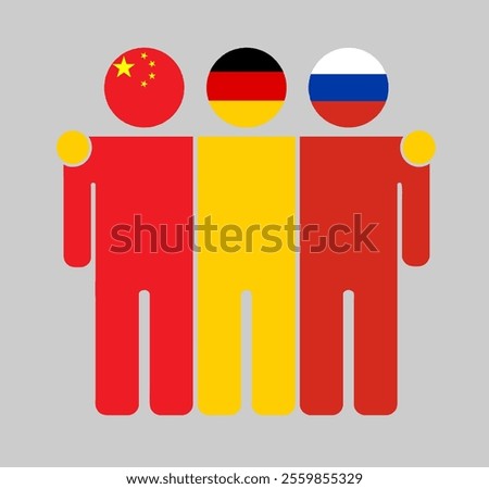 Flat illustration of three human figures with China, Germany, and Russia flags as heads. Minimalistic design, isolated background.