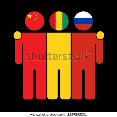 Flat illustration of three human figures with China, Guinea, and Russia flags as heads. Minimalistic design, isolated background.
