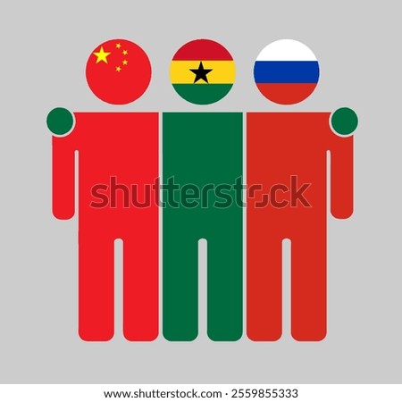 Flat illustration of three human figures with China, Ghana, and Russia flags as heads. Minimalistic design, isolated background.