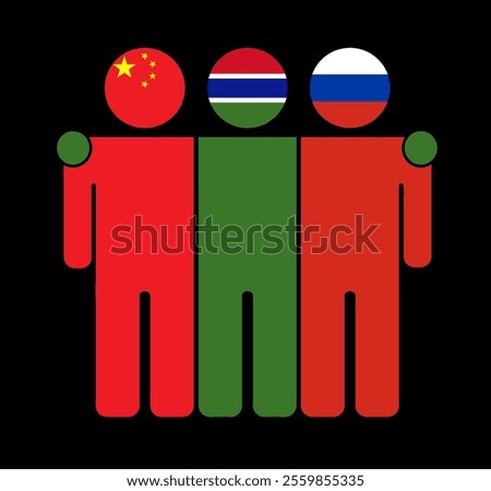 Flat illustration of three human figures with China, Gambia, and Russia flags as heads. Minimalistic design, isolated background.