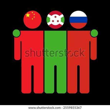 Flat illustration of three human figures with China, Burundi, and Russia flags as heads. Minimalistic design, isolated background.