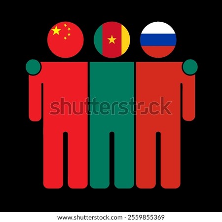Flat illustration of three human figures with China, Cameroon, and Russia flags as heads. Minimalistic design, isolated background.