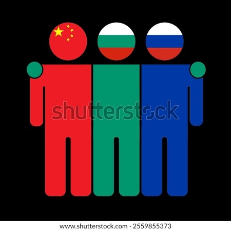 Flat illustration of three human figures with China, Bulgaria, and Russia flags as heads. Minimalistic design, isolated background.