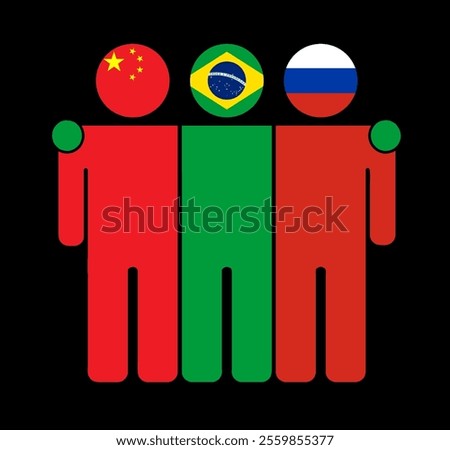 Flat illustration of three human figures with China, Brazil, and Russia flags as heads. Minimalistic design, isolated background.