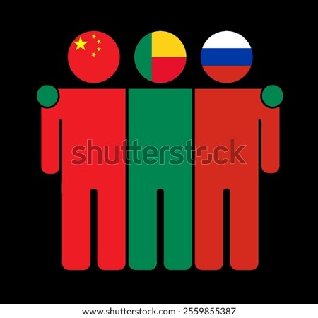 Flat illustration of three human figures with China, Benin, and Russia flags as heads. Minimalistic design, isolated background.