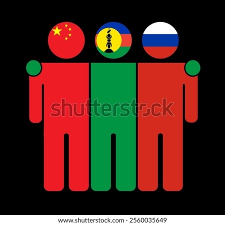 Flat illustration of three human figures with China, New Caledonia, and Russia flags as heads. Minimalistic design, isolated background.