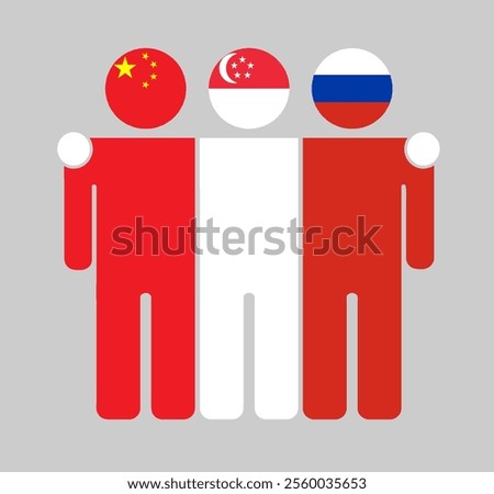 Flat illustration of three human figures with China, Singapore, and Russia flags as heads. Minimalistic design, isolated background.