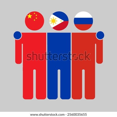 Flat illustration of three human figures with China, Philippines, and Russia flags as heads. Minimalistic design, isolated background.
