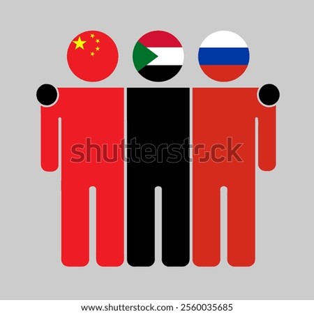 Flat illustration of three human figures with China, Sudan, and Russia flags as heads. Minimalistic design, isolated background.