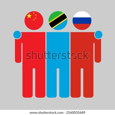 Flat illustration of three human figures with China, Tanzania, and Russia flags as heads. Minimalistic design, isolated background.