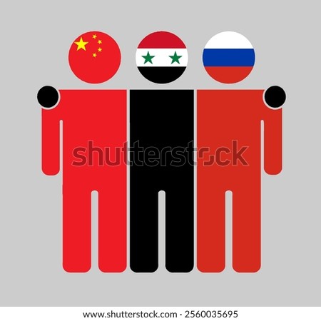 Flat illustration of three human figures with China, Syria, and Russia flags as heads. Minimalistic design, isolated background.