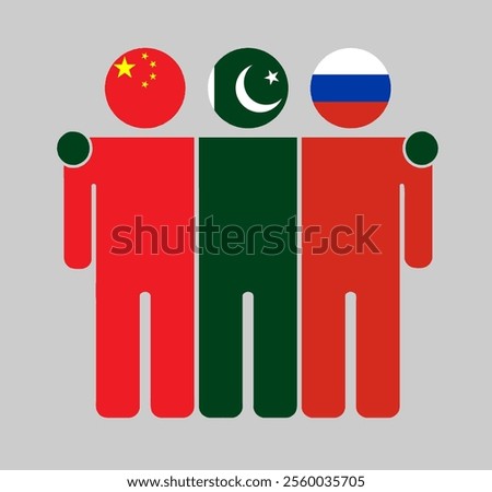 Flat illustration of three human figures with China, Pakistan, and Russia flags as heads. Minimalistic design, isolated background.