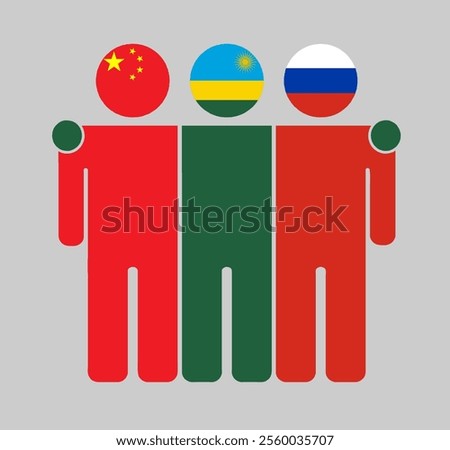 Flat illustration of three human figures with China, Rwanda, and Russia flags as heads. Minimalistic design, isolated background.