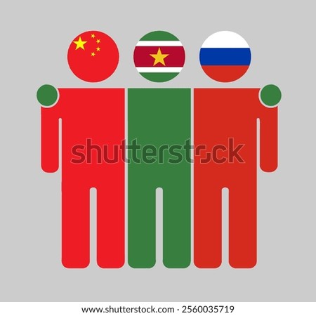 Flat illustration of three human figures with China, Suriname, and Russia flags as heads. Minimalistic design, isolated background.