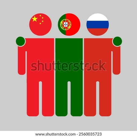 Flat illustration of three human figures with China, Portugal, and Russia flags as heads. Minimalistic design, isolated background.
