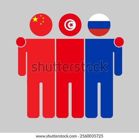 Flat illustration of three human figures with China, Tunisia, and Russia flags as heads. Minimalistic design, isolated background.