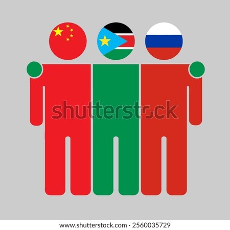 Flat illustration of three human figures with China, South Sudan, and Russia flags as heads. Minimalistic design, isolated background.