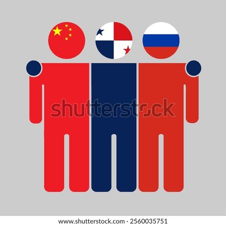 Flat illustration of three human figures with China, Panama, and Russia flags as heads. Minimalistic design, isolated background.