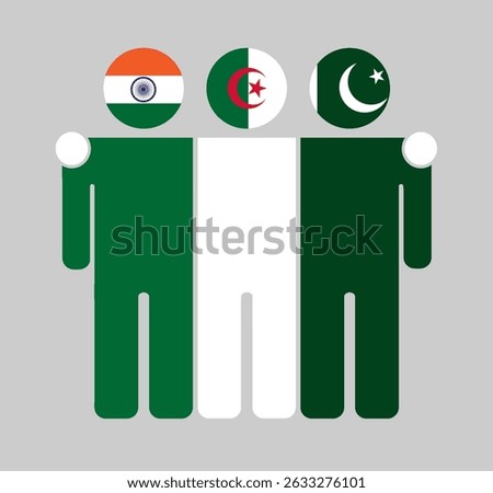 Flat illustration of three human figures with India, Algeria, and Pakistan flags as heads. Minimalistic design, isolated background.
