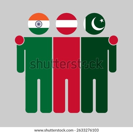 Flat illustration of three human figures with India, Austria, and Pakistan flags as heads. Minimalistic design, isolated background.