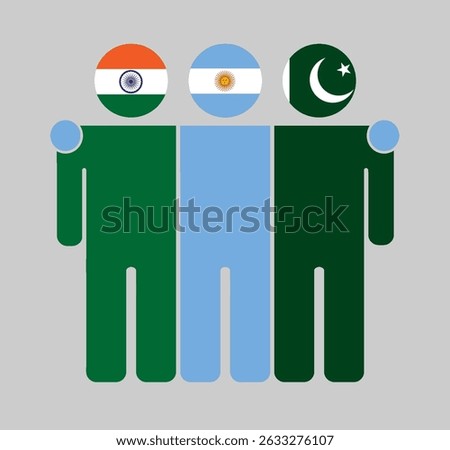 Flat illustration of three human figures with India, Argentina, and Pakistan flags as heads. Minimalistic design, isolated background.