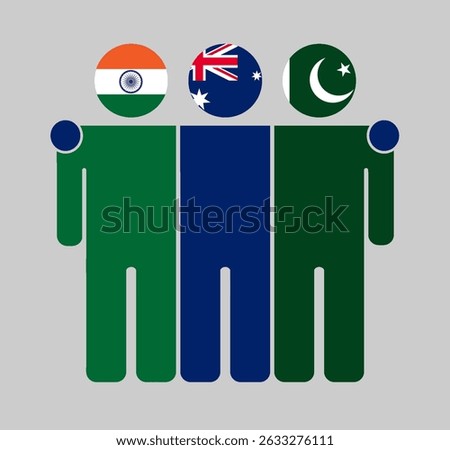 Flat illustration of three human figures with India, Australia, and Pakistan flags as heads. Minimalistic design, isolated background.